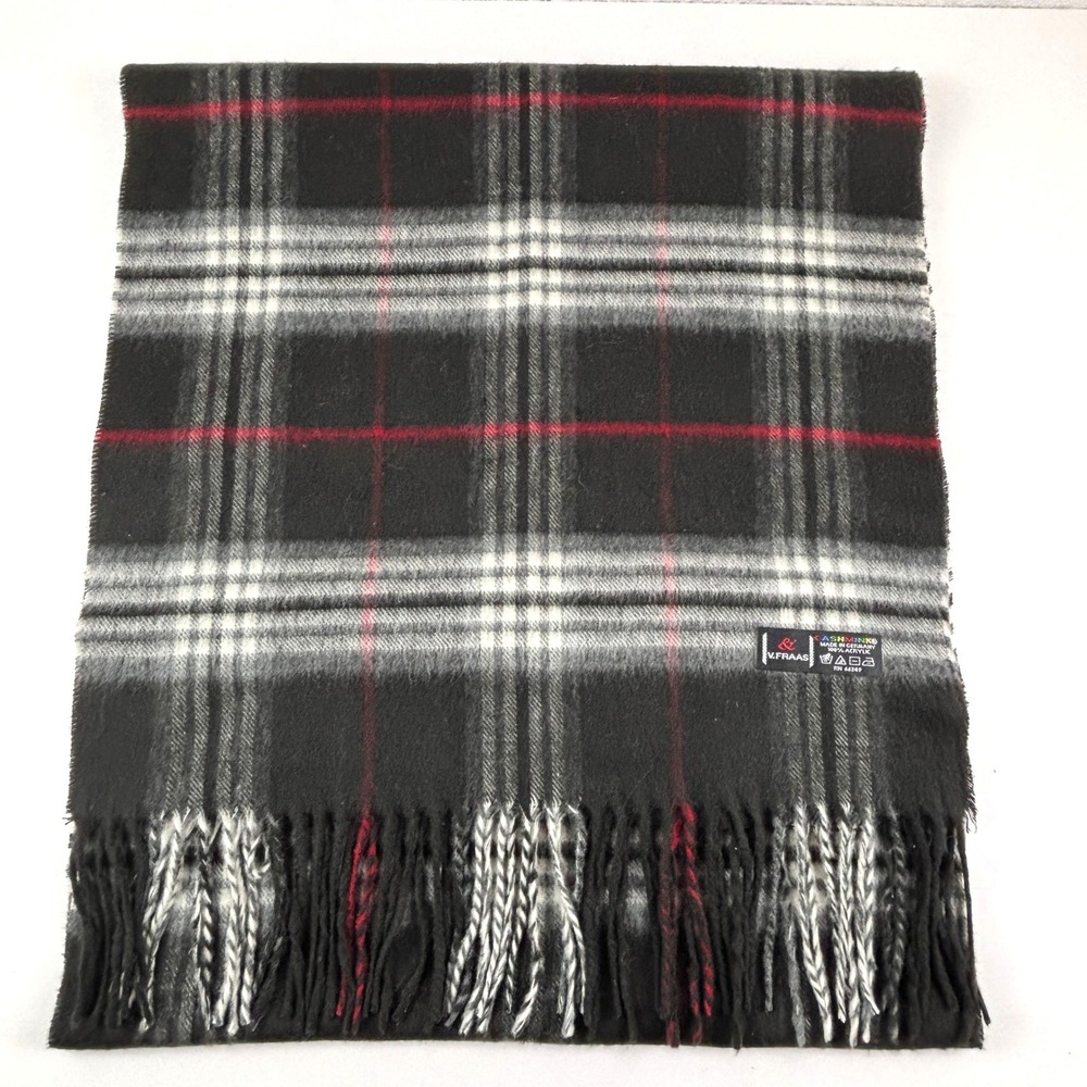 V. Fraas Scarf Unisex OS Black Plaid Cashmink Acrylic Fringe Germany 12x72in